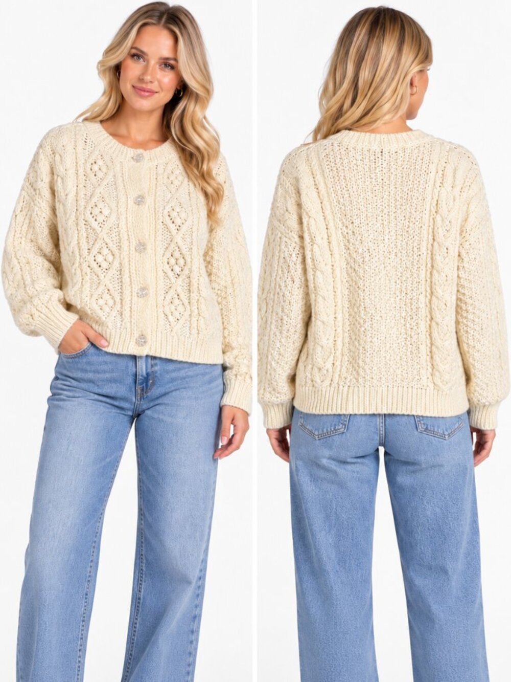 Vintage Sears JR Bazaar Chunky Cable Knit Cardigan Sweater Cream Ivory Women’s L